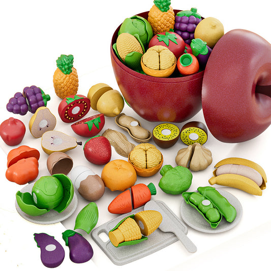25 PCS Cutting Play Food Toy for Kids Fruit & Vegetables Accessories with Shopping Storage Basket, Plastic Mini Dishes and Knife, Educational Toy for Toddler Children Birthday Gift