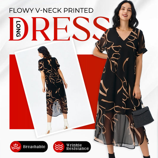 Flowy V-Neck Printed Midi Dress