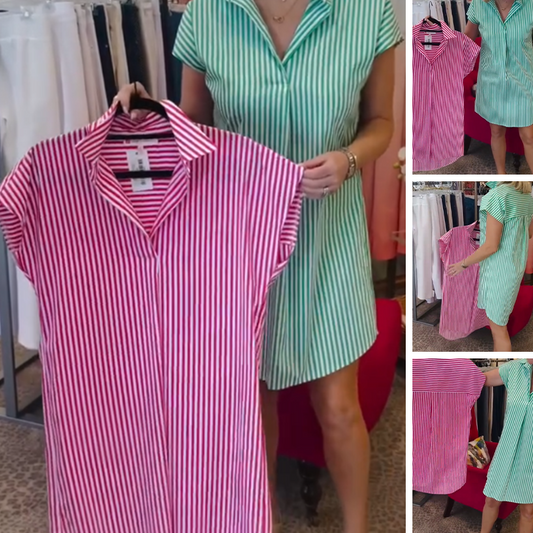 💗Summer Specials✨Women’s V-Neck Shirt Mini Dress with Stripe Print