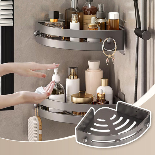 Angle shower shelf without perforation with hooks